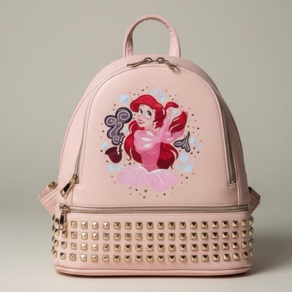 Disney Princess Ariel Little Mermaid Hand Painted Faux Leather Studded Backpack
